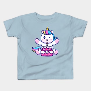 Cute Unicorn With Birthday Cake Cartoon Kids T-Shirt